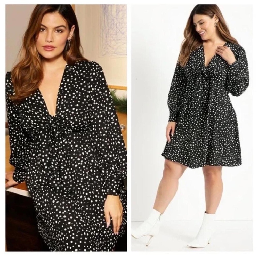 ELOQUII Plus Size 14 Shift Dress Black White Polka Dots Long Sleeve